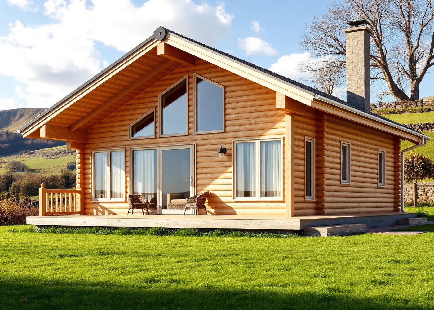 A spacious residential timber log cabin home with veranda and large windows in the Irish countryside