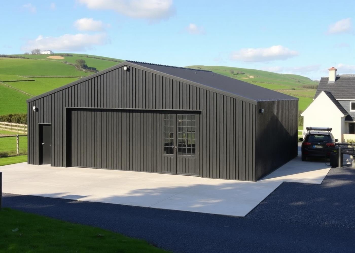 A large grey galvanized steel garage with double sliding doors in the Irish countryside, built by Watters Garden Sheds