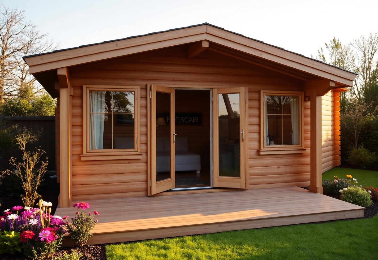 A luxury interlocking timber log cabin summer house with double-glazed French doors and overhanging roof canopy, manufactured by Watters Garden Sheds, Co. Louth