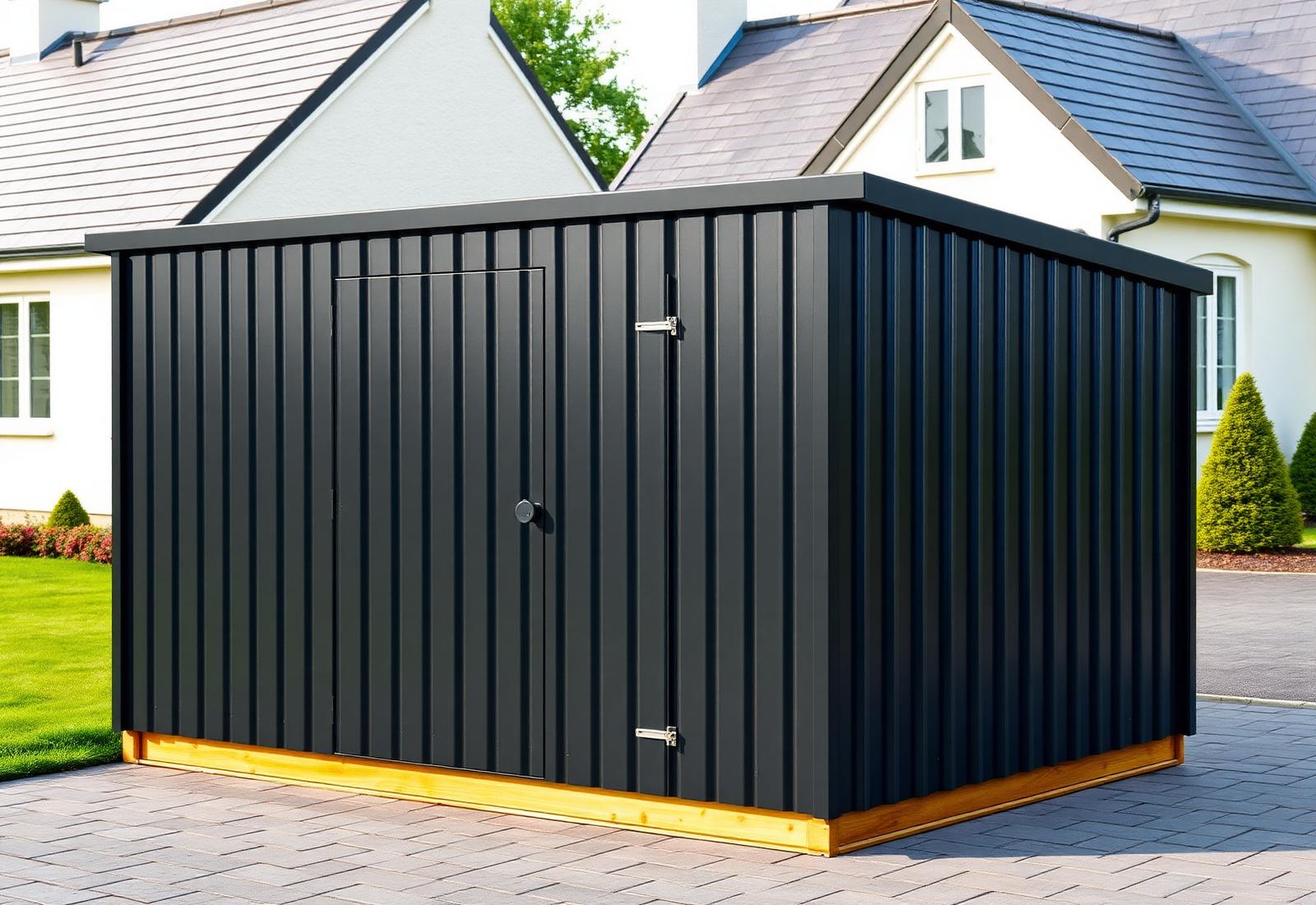 An anthracite grey galvanized steel garden shed with a single secure door, manufactured by Watters Garden Sheds in Ireland