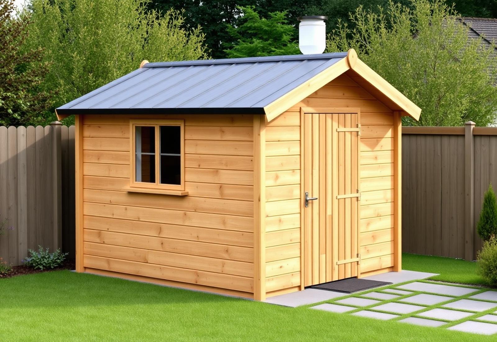 A premium pressure-treated shiplap wooden garden shed with a galvanized metal roof, manufactured by Watters Garden Sheds in County Louth